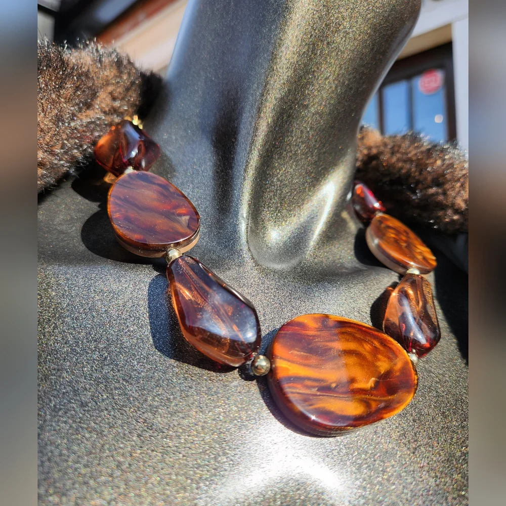 🤎Elegant Brown & Ambertone🤎 Statement Necklace with Earrings Set- Reversible. - Picture 15 of 16